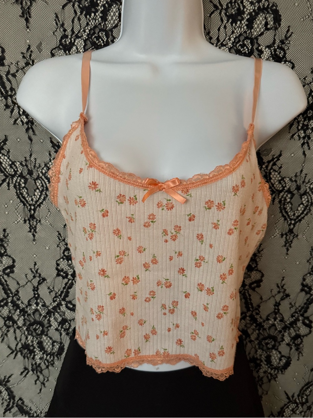 Peach Floral Lace-Trim Cami Top
